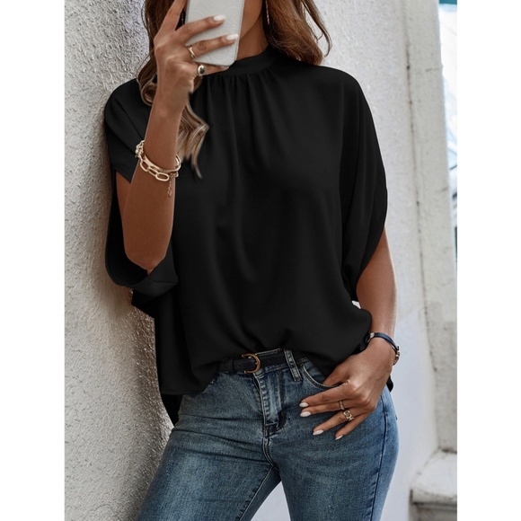 Black Blouse Top Flowy, High Neck - Picture 3 of 9